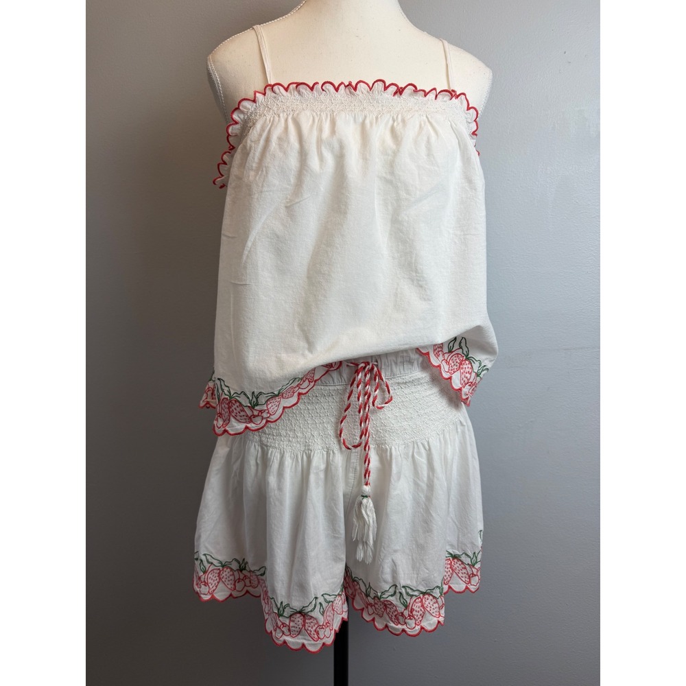 Joie Medium White Cotton Strawberry Embroidered Pajama Set Cami Shorts Cottage